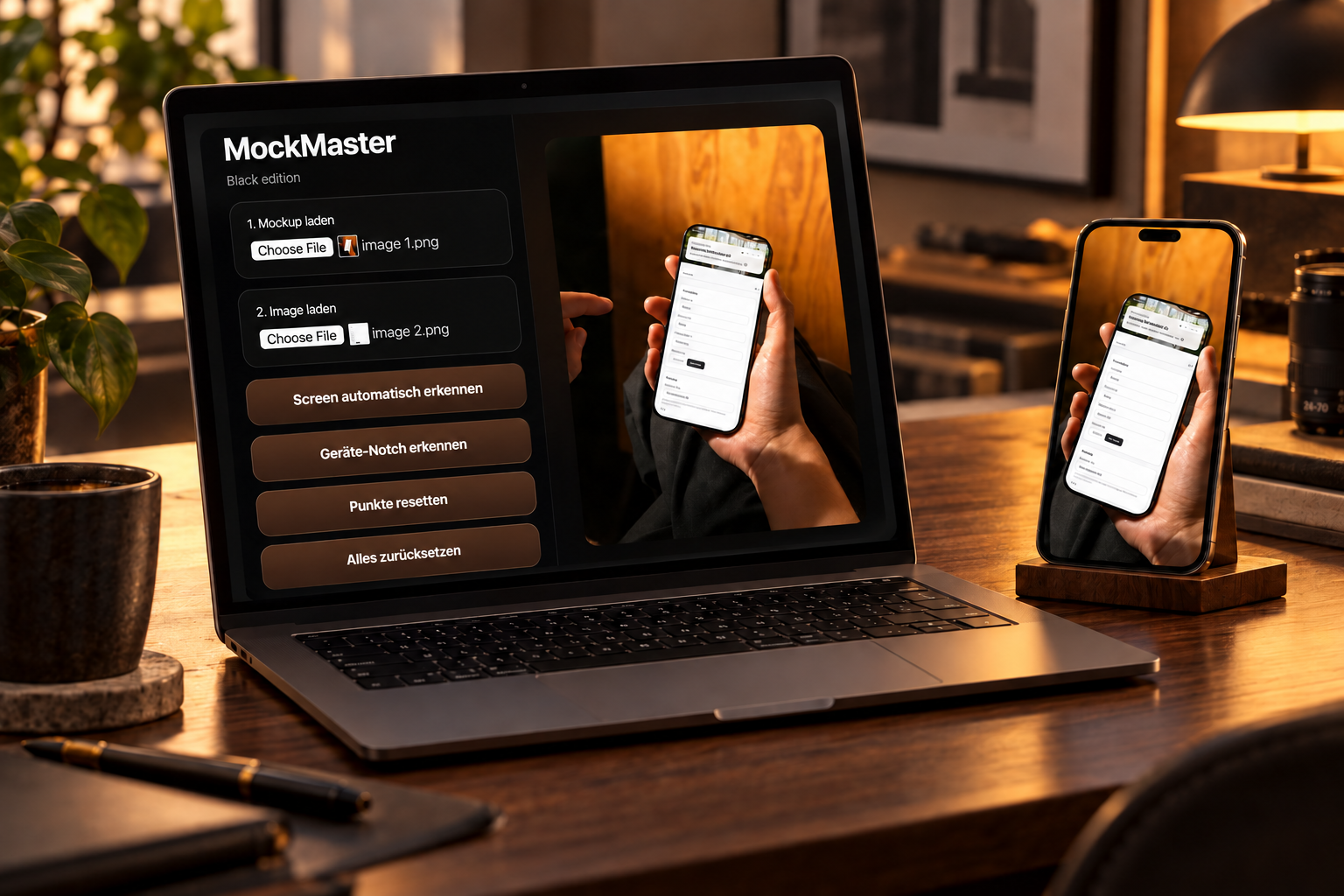 MockMaster auf einem MacBook — App-Screenshot pixelgenau in ein reales iPhone-Foto eingesetzt